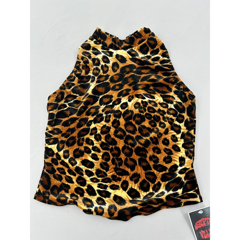 Leopard Print Halter Top Velvet Mock Neck Open Back Brown Tan Small